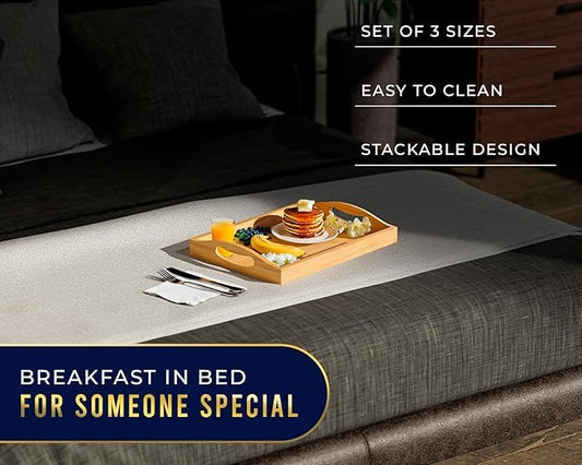 Breakfast tray with food on a bed, featuring text about product features and a special offer.