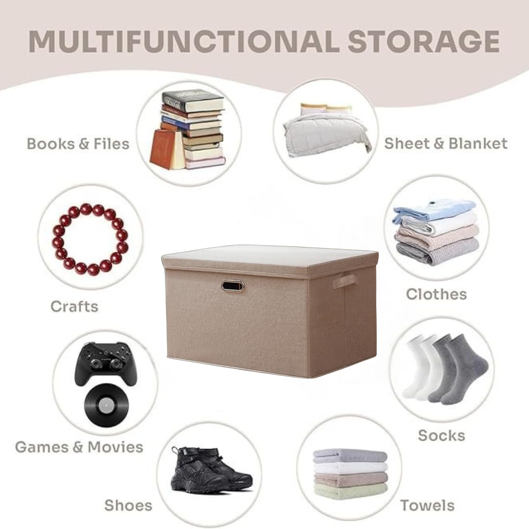 Foldable Storage Box with Lid – Beige Fabric Organizer (13 x 10 x 7 Inch)