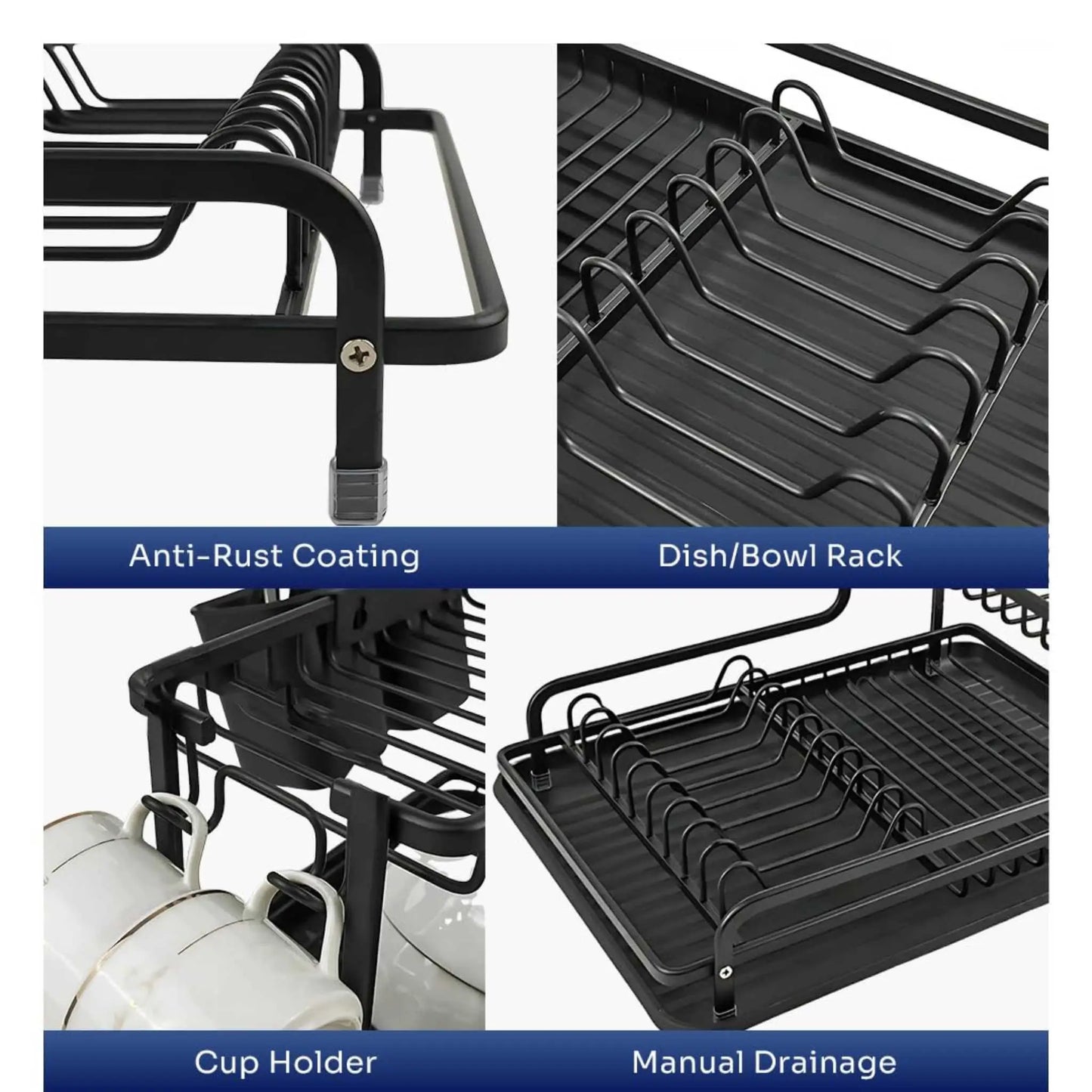 Features of black dish drying rack with drain board: anti-rust, bowl rack, cup holder. Best dish drying stand.