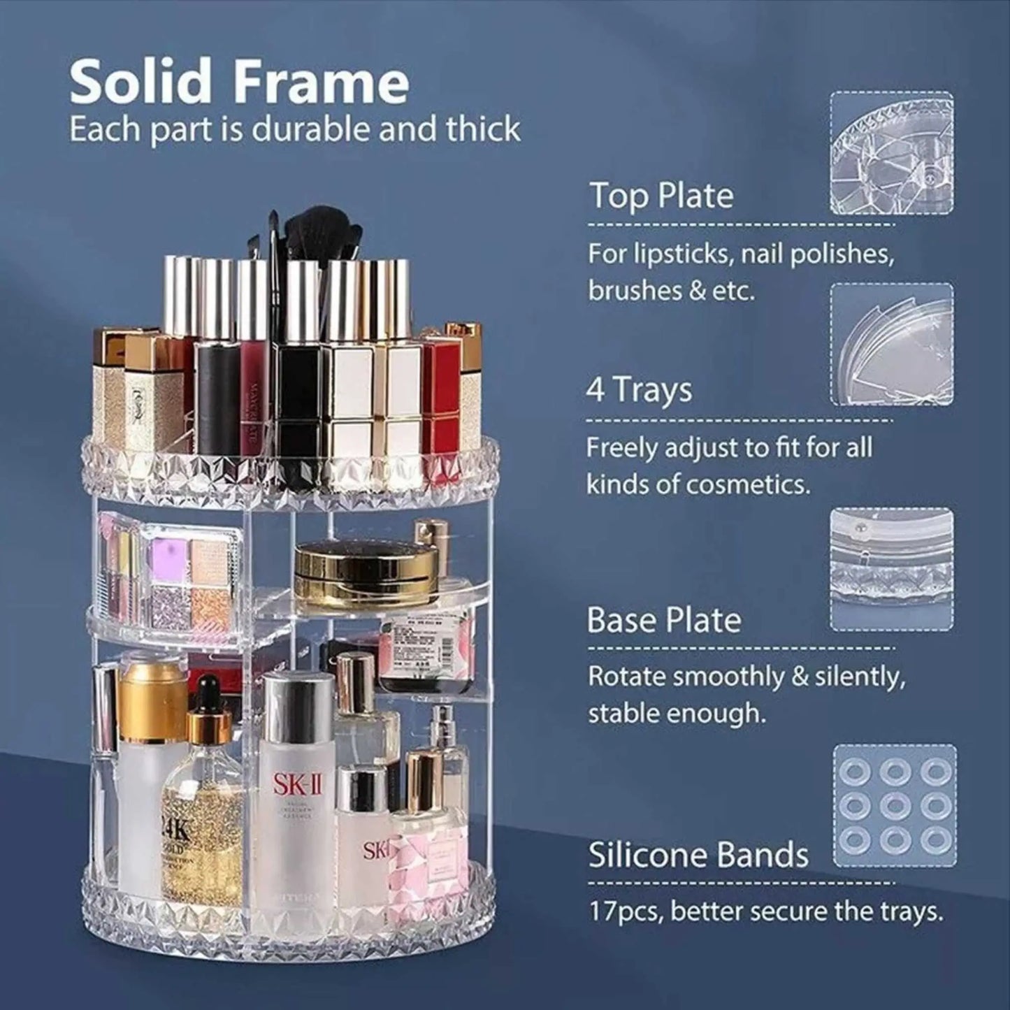 Parts of a 360 rotating makeup organizer: Top Plate, trays, Base. Superior spinning makeup organizer.