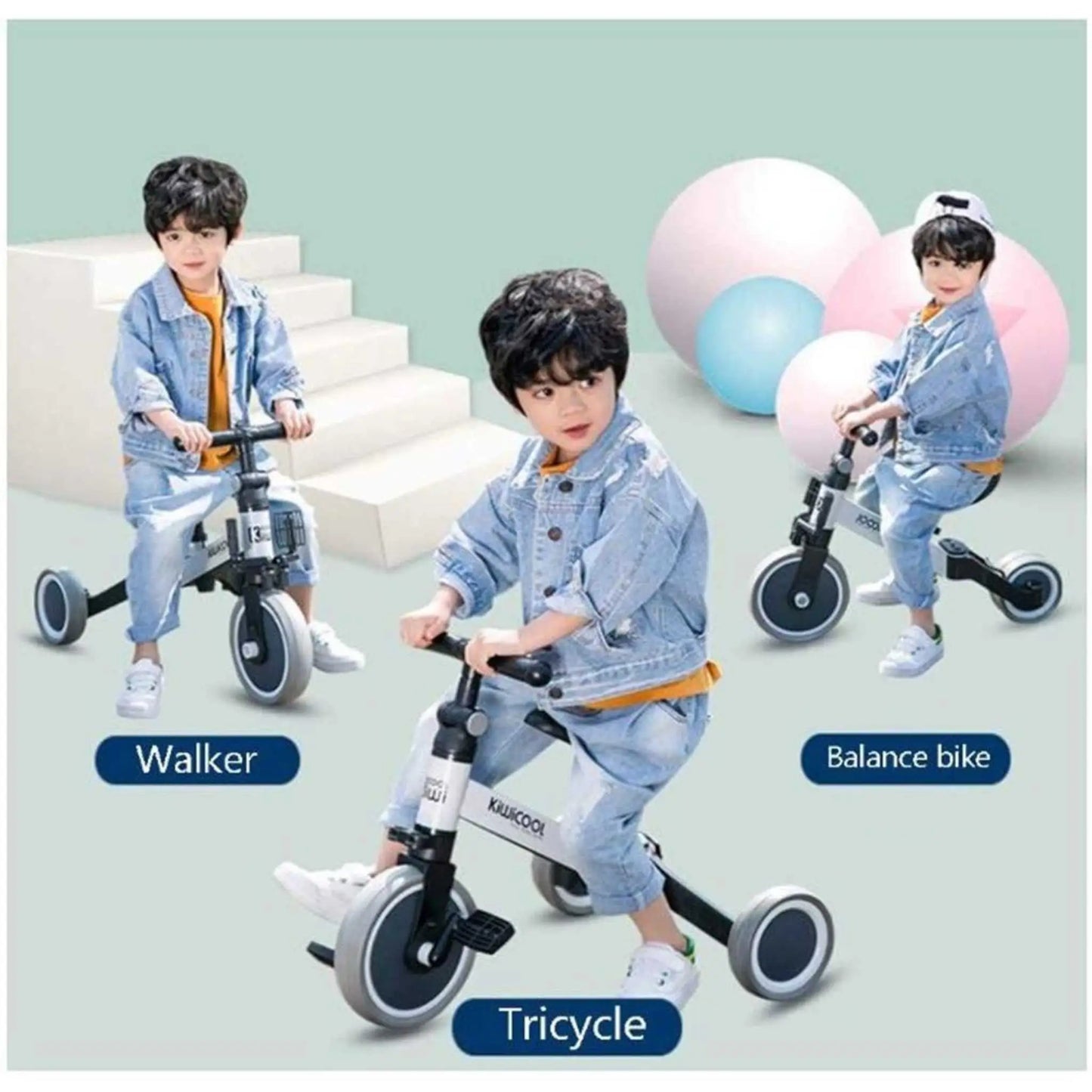 A young boy demonstrating the three different modes of the 3-in-1 bike: Walker, Tricycle, and Balance bike.