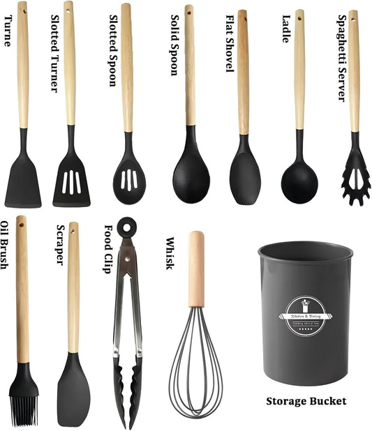 Set of kitchen utensils with labels and a storage bucket on a white background