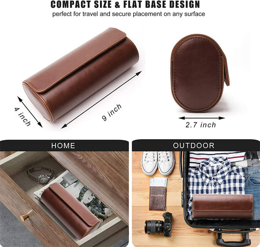 Brown leather case with dimensions and usage scenarios on a white background