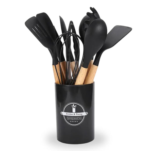 12-Piece Silicone Kitchen Utensils Set with Holder - Black & Wood