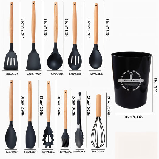 12-Piece Silicone Kitchen Utensils Set with Holder - Black & Wood