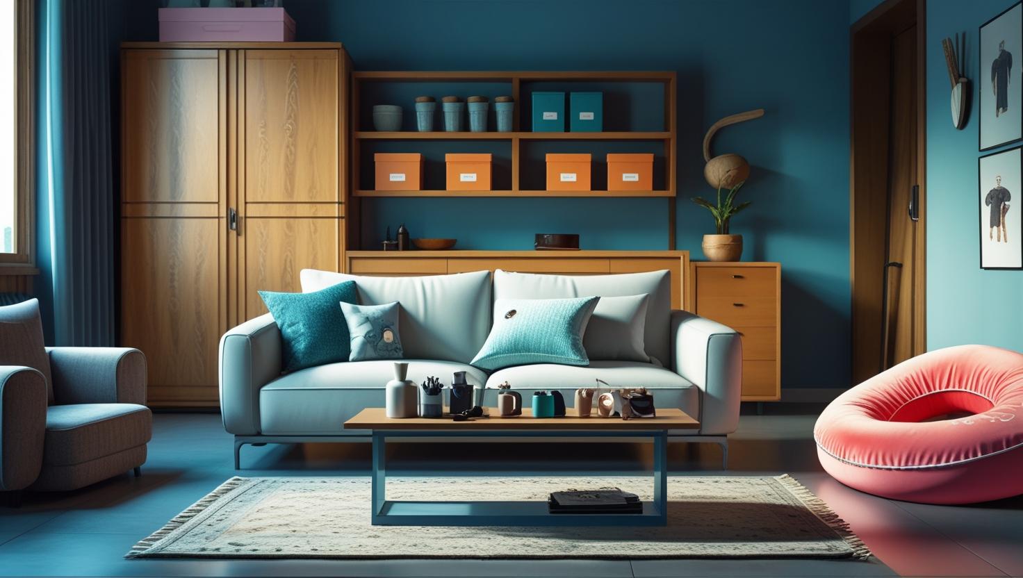 Modern living room with a blue sofa, coffee table, and decorative items.
