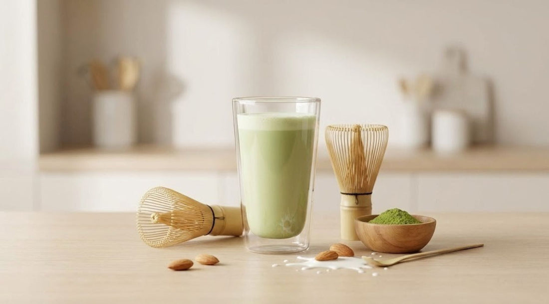 Frothy matcha almond latte with bamboo whisks, powder, and almonds on a table.
