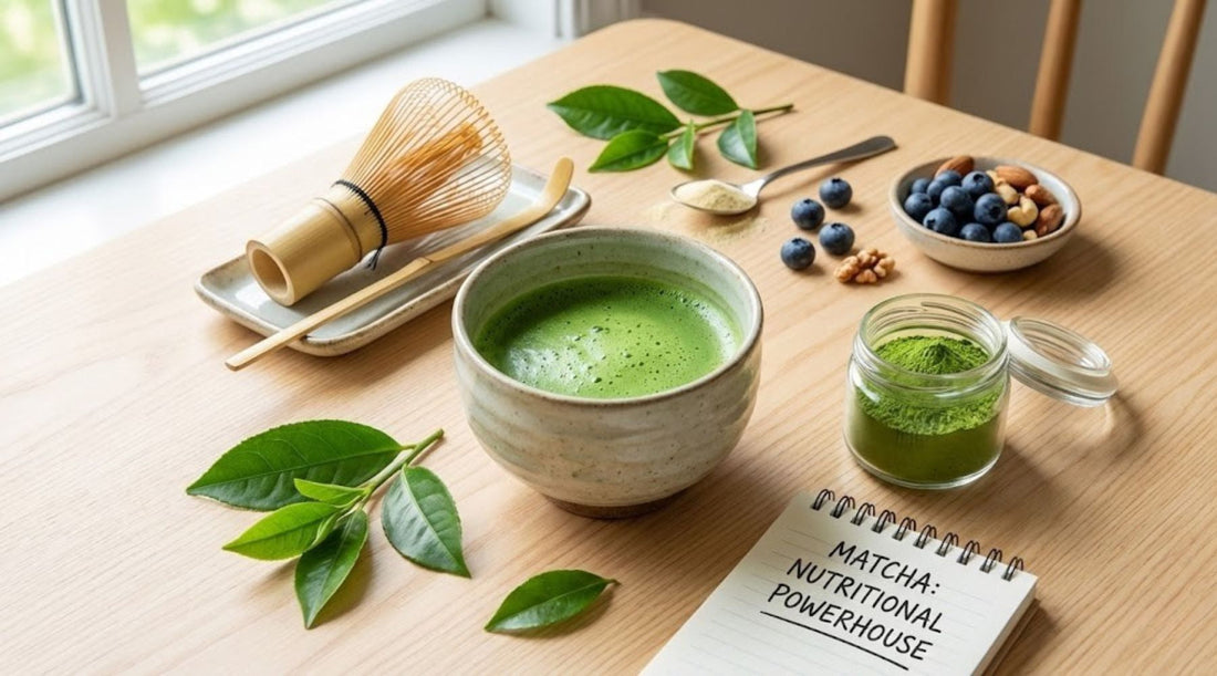 Matcha bowl, tools, blueberries, walnuts, and a notebook titled "Matcha: Nutritional Powerhouse."