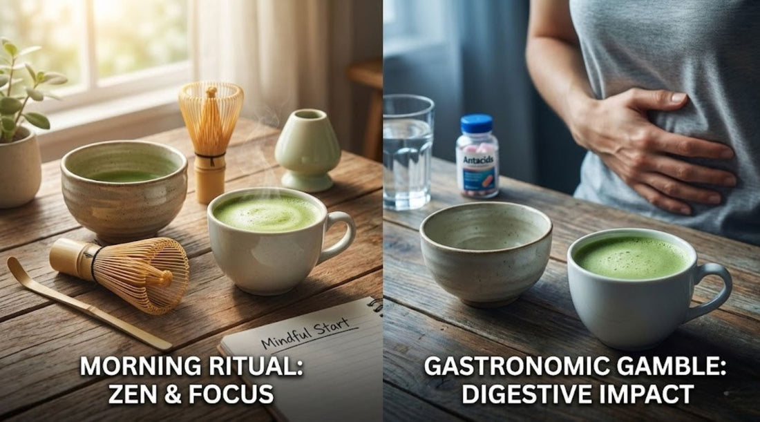 Split-screen: "Zen & Focus" morning matcha ritual vs. "Digestive Impact" with stomach pain and antacids.