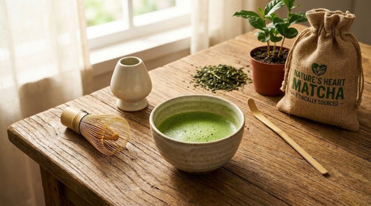 Matcha bowl, tools, and "Nature's Heart" burlap bag on a rustic table by a window with a small plant.