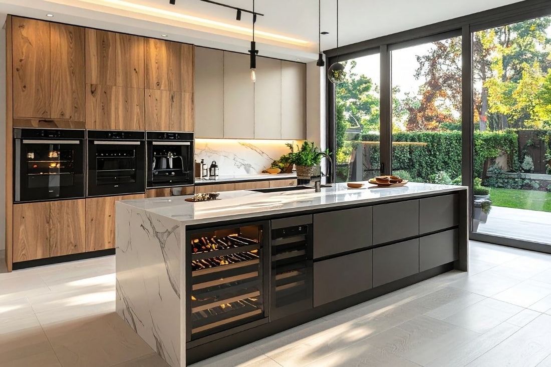 A spacious modern kitchen featuring a large white marble island with a built-in wine cooler, floor-to-ceiling wood cabinetry with integrated black appliances, and expansive glass sliding doors opening onto a lush garden.