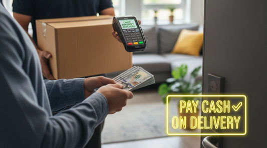 A person holds a stack of cash at an open doorway to pay for a package. A delivery person holds a cardboard box and a payment terminal, while a yellow neon sign in the corner reads "PAY CASH ON DELIVERY."