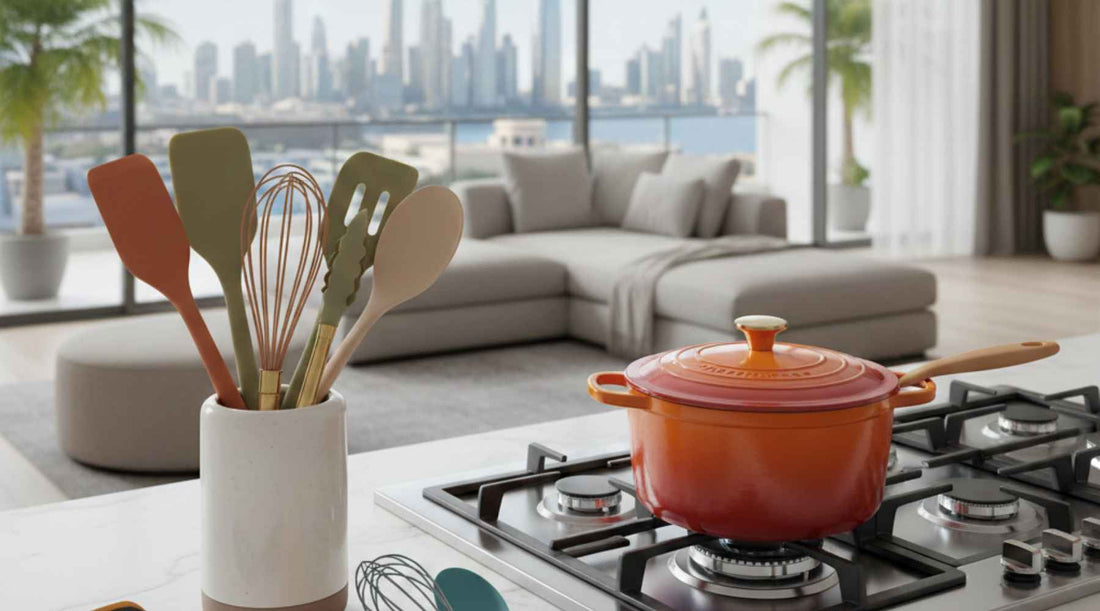A modern, luxury Dubai kitchen overlooking a city skyline, featuring high-quality silicone utensils in earth-toned colors (terracotta, olive, and beige) arranged on a marble countertop next to a premium Dutch oven.