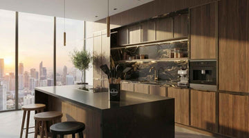 Interior view of a minimalist modern kitchen with charcoal cabinetry and a silicone cooking utensil set.