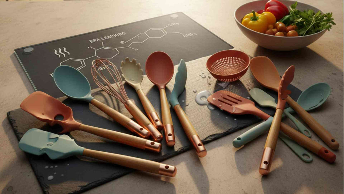 Modern collection of BPA-free silicone kitchen utensils in desert-chic colors (sage green, terracotta, and soft beige) with wooden handles, laid out on a dark stone surface.