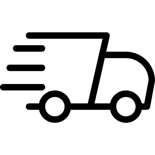 Black outline of a delivery truck with speed lines on a white background