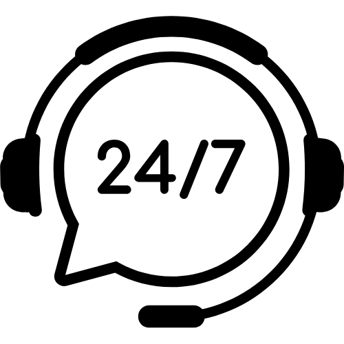 Icon of a headset with '24/7' text inside a speech bubble, symbolizing round-the-clock customer support.