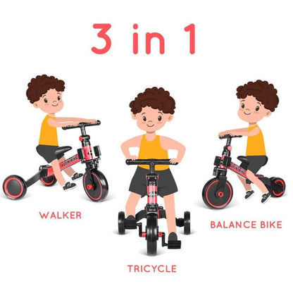 3-in-1 children's bike and tricycle set with cartoon character illustrations on a white background.