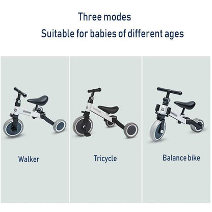 Three modes of a children's vehicle: walker, tricycle, and balance bike, suitable for babies of different ages.