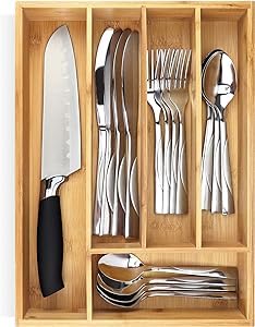 Premium Bamboo Cutlery Tray - 5-Compartment Kitchen Drawer Organizer