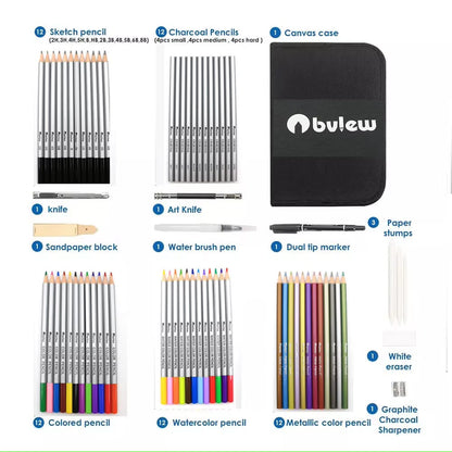 Collection of art supplies including pencils, a knife, and a canvas case with Bview branding.