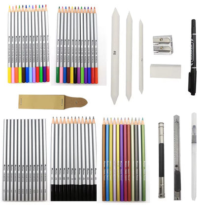 Collection of art supplies including colored pencils, markers, and drawing tools on a white background.