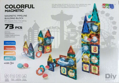 Colorful magnetic building block set with packaging displaying product details.