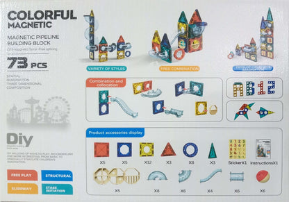 Colorful magnetic building block set packaging with various styles and product accessories displayed.