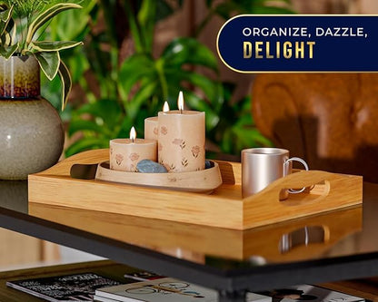 Wooden tray with candles and a mug on a table, with 'Organize, Dazzle, Delight' text at the top.