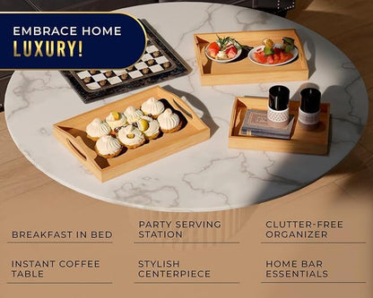 Wooden trays and accessories on a marble table with promotional text about home luxury products.