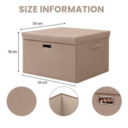 Beige storage box with dimensions and texture details on a white background