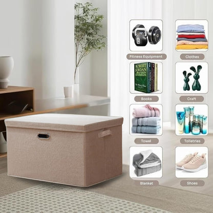 Beige storage ottoman in a room with icons indicating its uses for fitness equipment, clothes, books, craft, toiletries, towel, blanket, and shoes.