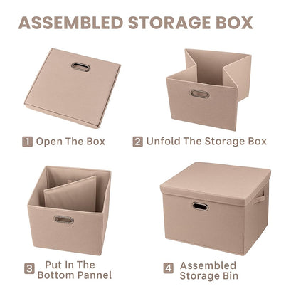 Step-by-step guide to assembling a beige storage bin with text instructions on a white background.