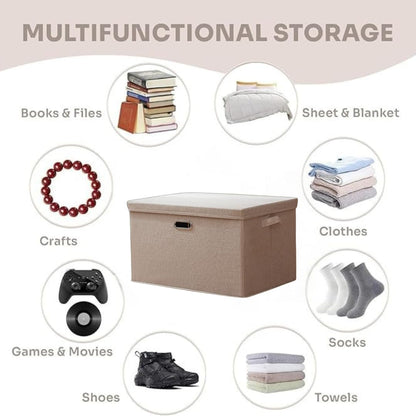 Multifunctional storage box with items it can hold displayed around it.