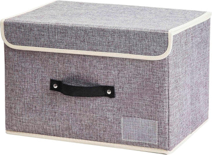 Gray storage box with a white lid and black handle on a white background