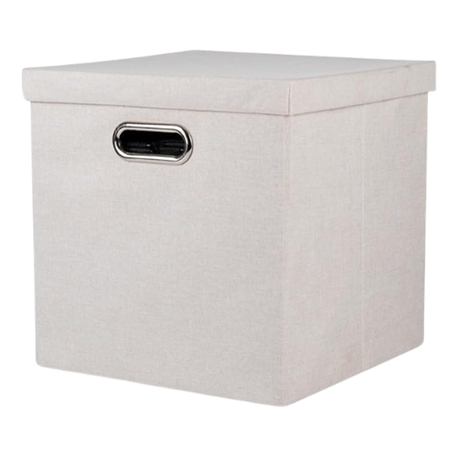 Beige storage box with a lid and handle on a white background