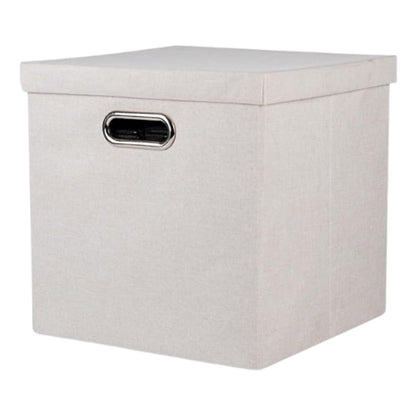 Beige storage box with a lid and handle on a white background