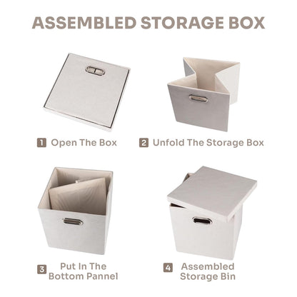 Step-by-step guide to assembling a storage box with text instructions on a white background.