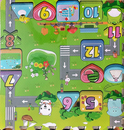 Colorful children's play mat with numbers, shapes, and cartoon characters on a green background.