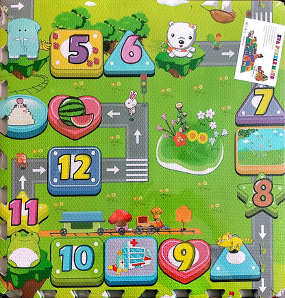 Children's play mat with numbers, animals, and various shapes on a green background