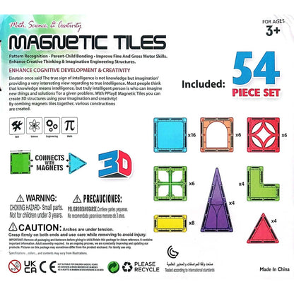 Magnetic Tiles Building Blocks for Children - Back of 54 piece set showing details for magna tiles and educational play.