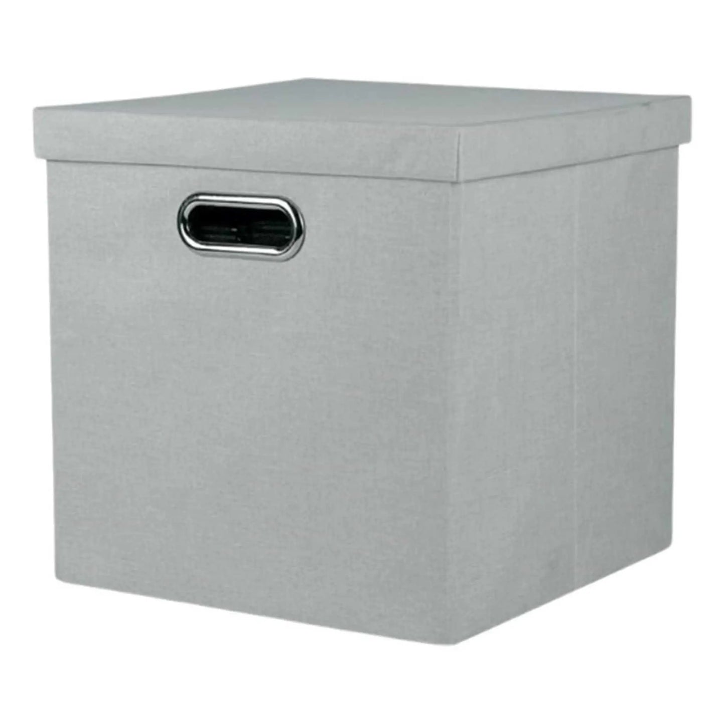 Grey foldable storage box with lid and handle, ideal for collapsible storage needs.