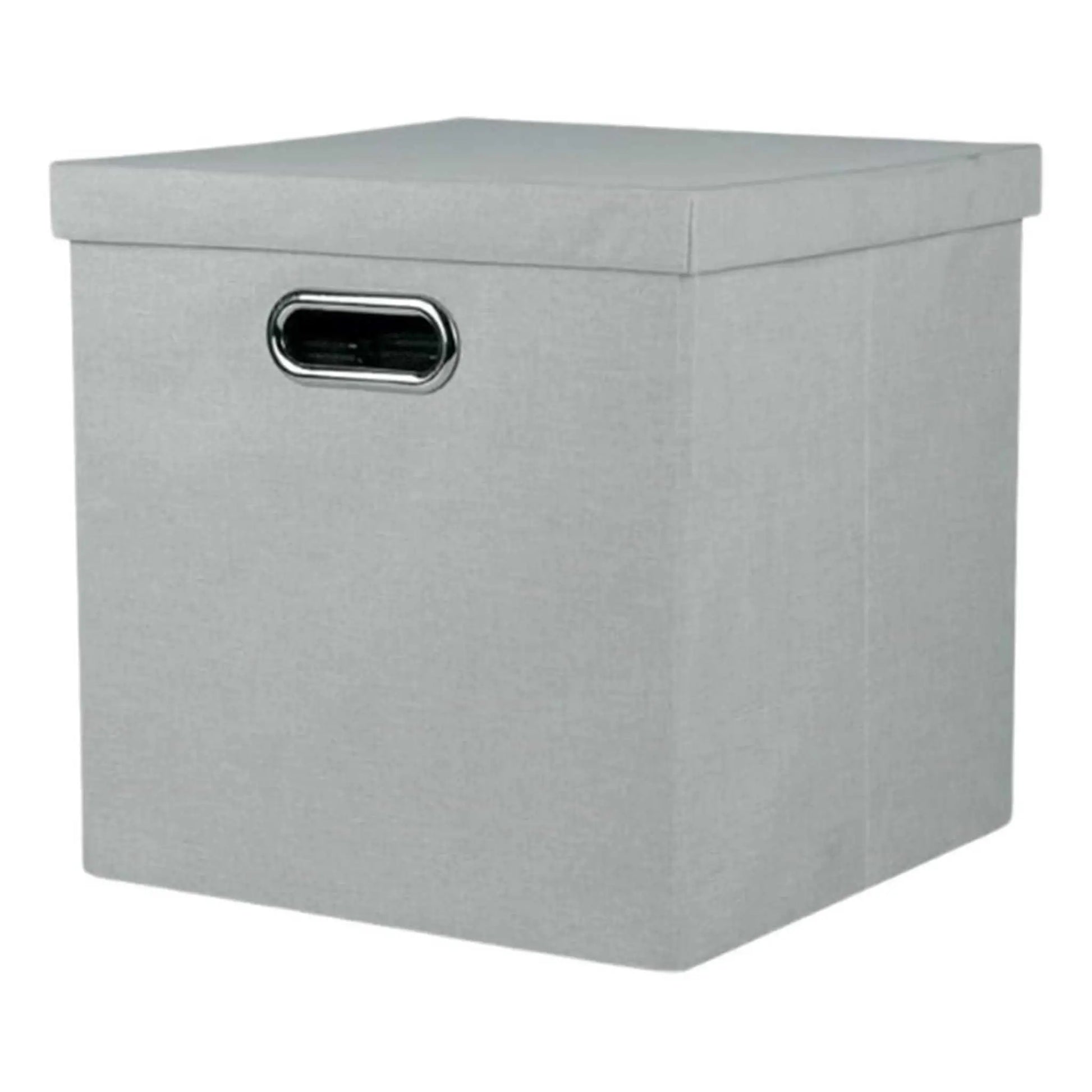 Grey foldable storage box with lid and handle, ideal for collapsible storage needs.