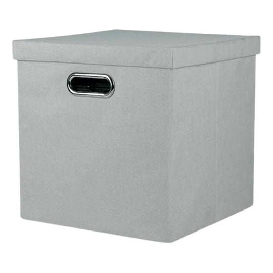 Grey foldable storage box with lid and handle, ideal for collapsible storage needs.