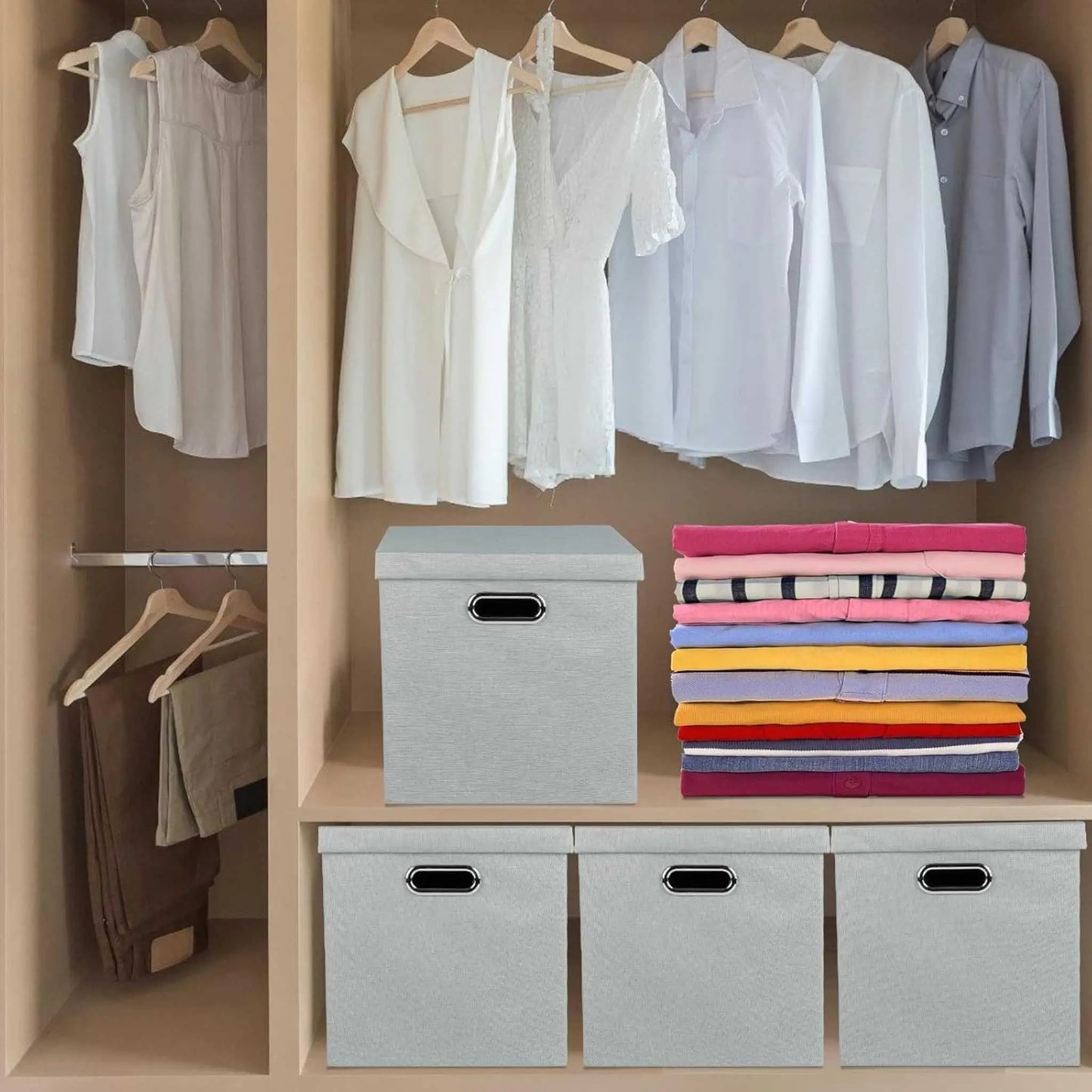 Grey folding storage boxes neatly arranged in a closet with clothes, perfect for foldable storage.