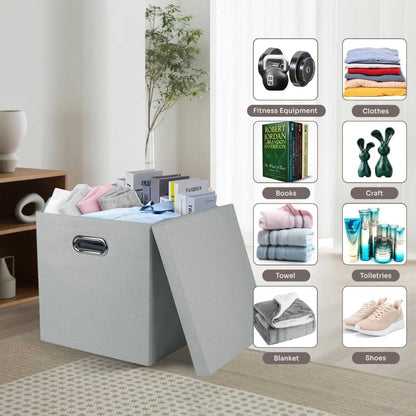 Grey collapsible box storage filled with items, highlighting its use as a foldable storage box for clothes.