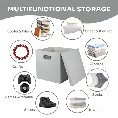 Multifunctional grey folding storage boxes for clothes, books, and crafts, a true foldable organizer box.