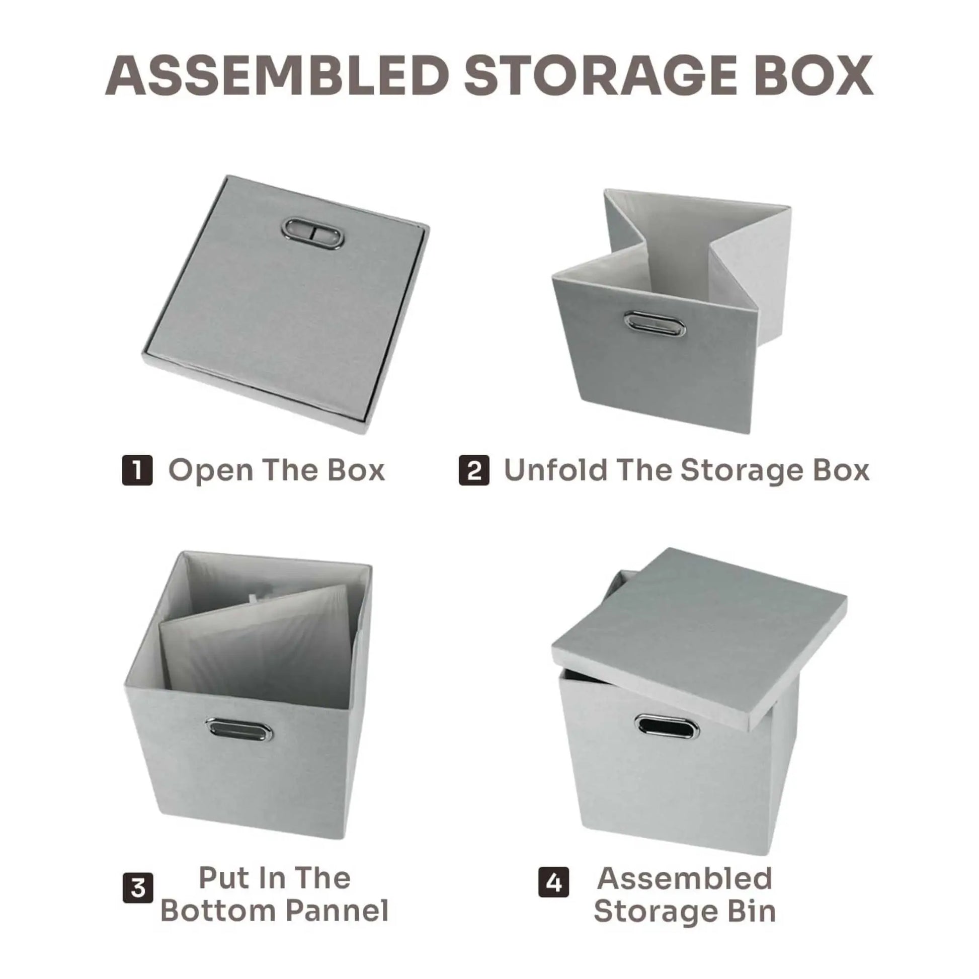 Assembly guide for grey collapsible boxes, showing how to set up this foldable collapsible storage box.