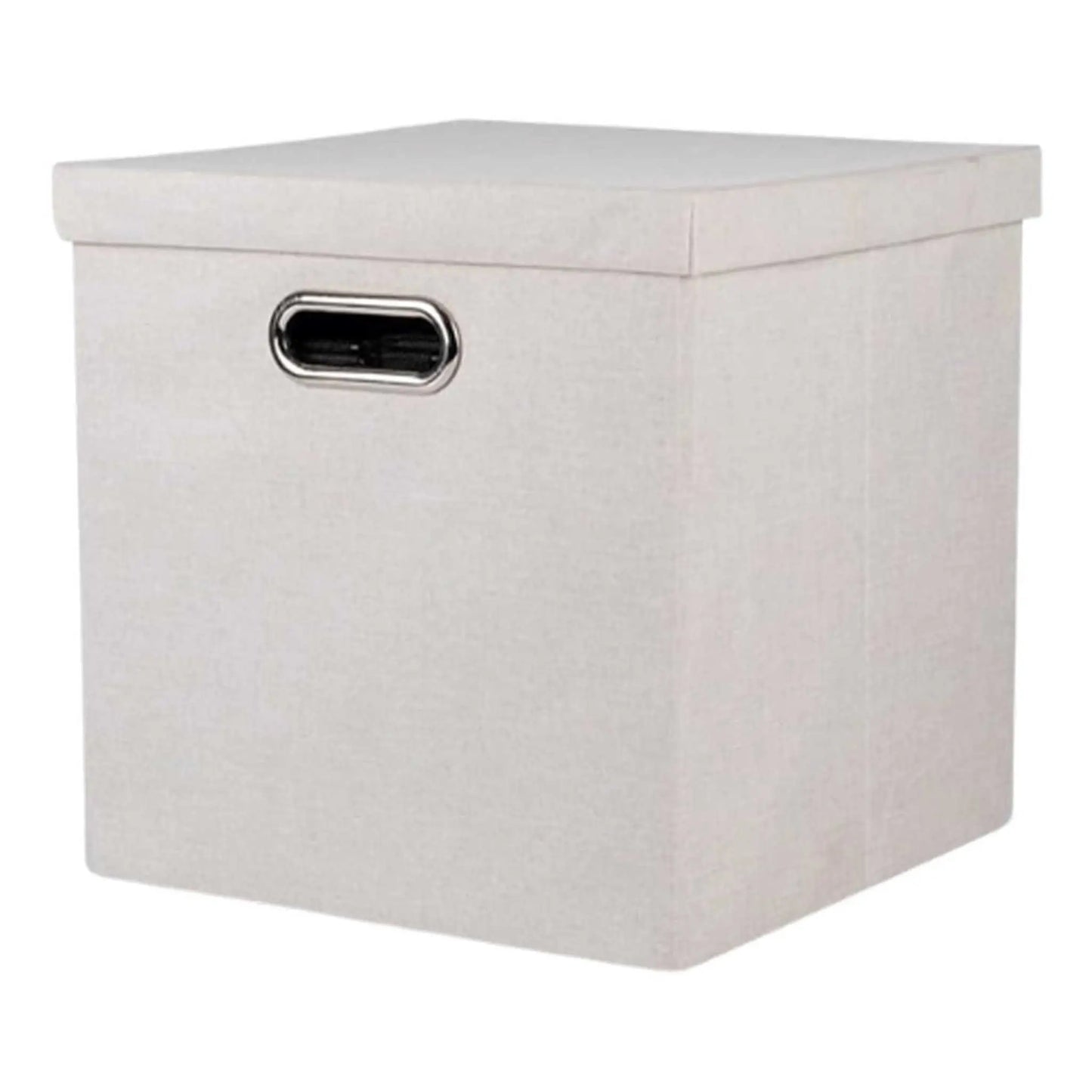 Beige foldable storage box with lid & handle, perfect for closet organizers and collapsible storage needs.