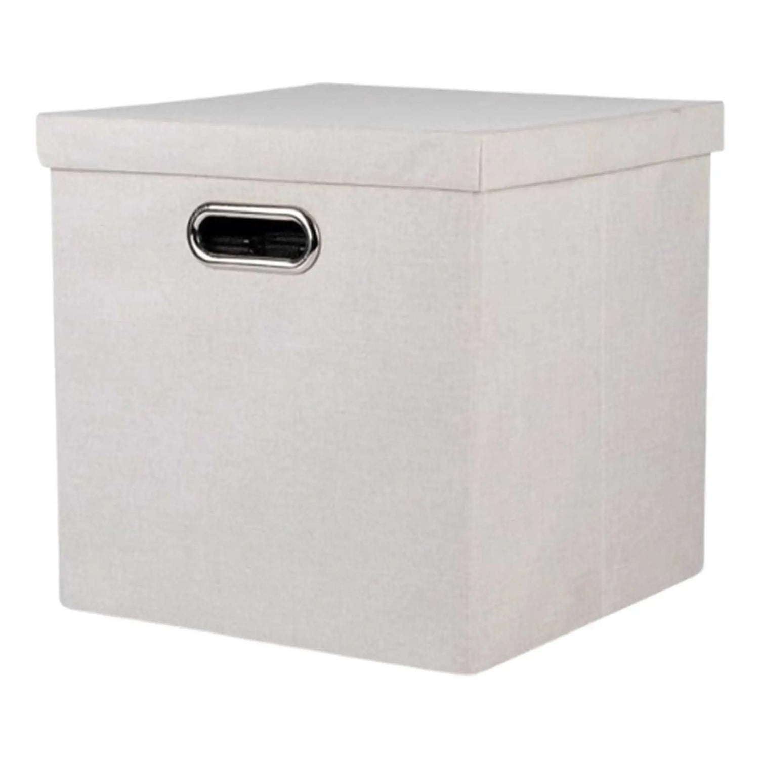 Beige foldable storage box with lid & handle, perfect for closet organizers and collapsible storage needs.
